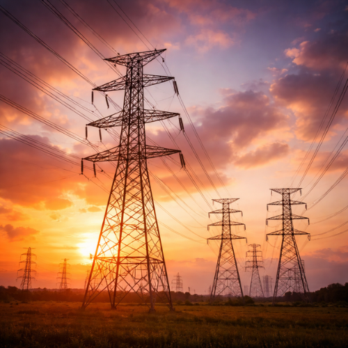 High-voltage transmission towers at sunset